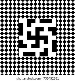 Seamless tile with black white checked rhombus dots and swasika (ancient symbol of sun). Abstract element, geometric pattern in op art style. Vector background, texture with optical illusion effect.