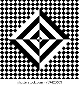 Seamless tile with black white checked rhombus dots and decorative shape in center. Abstract element, geometric pattern in op art style. Vector background, texture with optical illusion effect.