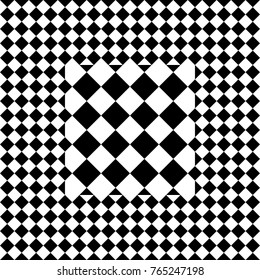 Seamless tile with black white checked rhombus dots and decorative shape in center. Abstract element, geometric pattern in op art style. Vector background, texture with optical illusion effect.