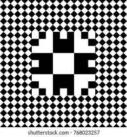 Seamless tile with black white checked rhombus dots and decorative shape in center. Abstract element, geometric pattern in op art style. Vector background, texture with optical illusion effect.