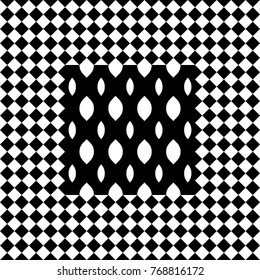 Seamless tile with black white checked rhombus dots and decorative shape in center. Abstract element, geometric pattern in op art style. Vector background, texture with optical illusion effect.