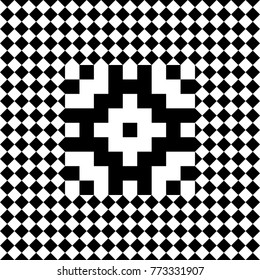 Seamless tile with black white checked rhombus dots and decorative shape in center. Abstract element, geometric pattern in op art style. Vector background, texture with optical illusion effect.