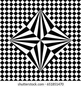 Seamless tile with black white checkered dots, rhombuses and abstract shape in center. Decorative element, geometric pattern in op art style. Vector background, texture with optical illusion effect.