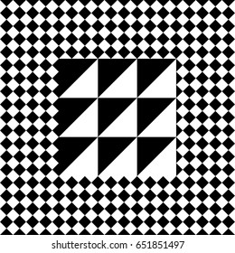 Seamless tile with black white checkered dots, rhombuses and abstract shape in center. Decorative element, geometric pattern in op art style. Vector background, texture with optical illusion effect.