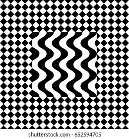 Seamless tile with black white checkered dots, rhombuses and abstract shape in center. Decorative element, geometric pattern in op art style. Vector background, texture with optical illusion effect.