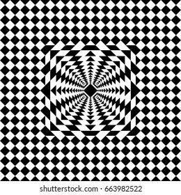 Seamless tile with black white checkered dots, rhombuses and abstract shape in center. Decorative element, geometric pattern in op art style. Vector background, texture with optical illusion effect.