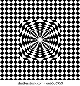 Seamless tile with black white checkered dots, rhombuses and abstract shape in center. Decorative element, geometric pattern in op art style. Vector background, texture with optical illusion effect.