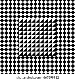 Seamless tile with black white checkered dots, rhombuses and abstract shape in center. Decorative element, geometric pattern in op art style. Vector background, texture with optical illusion effect.