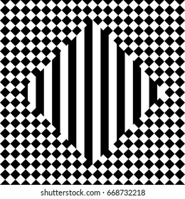 Seamless tile with black white checkered dots, rhombuses and abstract shape in center. Decorative element, geometric pattern in op art style. Vector background, texture with optical illusion effect.