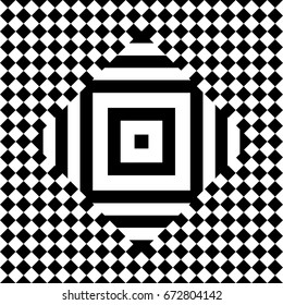Seamless tile with black white checkered dots, rhombuses and abstract shape in center. Decorative element, geometric pattern in op art style. Vector background, texture with optical illusion effect.