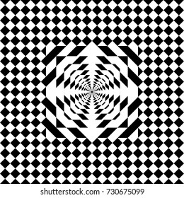 Seamless tile with black white checkered dots, rhombuses and abstract shape in center. Decorative element, geometric pattern in op art style. Vector background, texture with optical illusion effect.
