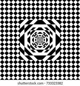 Seamless tile with black white checkered dots, rhombuses and abstract shape in center. Decorative element, geometric pattern in op art style. Vector background, texture with optical illusion effect.