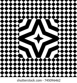 Seamless tile with black white checkered dots, rhombuses and abstract shape in center. Decorative element, geometric pattern in op art style. Vector background, texture with optical illusion effect.