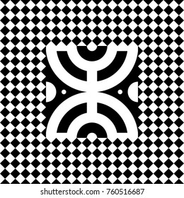 Seamless tile with black white checkered dots, rhombuses and abstract shape in center. Decorative element, geometric pattern in op art style. Vector background, texture with optical illusion effect.