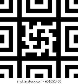 Seamless tile with black white striped lines, squares and abstract shape on center. Decorative element, geometric pattern in op art style. Vector background, artwork with optical illusion effect.
