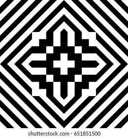 Seamless tile with black white striped diagonal lines, rhombus and abstract shape in center. Decorative element, geometric pattern in op art style. Vector background, texture, optical illusion effect.