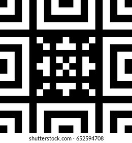 Seamless tile with black white striped lines, squares and abstract shape on center. Decorative element, geometric pattern in op art style. Vector background, artwork with optical illusion effect.
