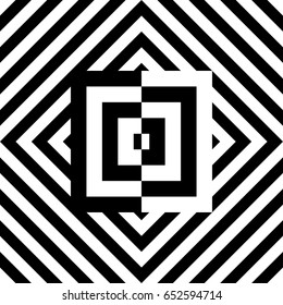 Seamless tile with black white striped diagonal lines, rhombus and abstract shape in center. Decorative element, geometric pattern in op art. Vector background, texture with optical illusion effect.