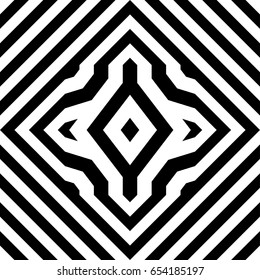 Seamless tile with black white striped diagonal lines, square and geometric shape in center. Figurative element, abstract pattern in op art. Vector background, artwork with optical illusion effect.