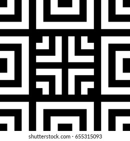 Seamless tile with black white striped lines, squares and abstract shape on center. Decorative element, geometric pattern in op art style. Vector background, artwork with optical illusion effect.