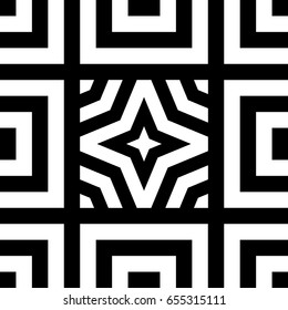 Seamless tile with black white striped lines, squares and abstract shape on center. Decorative element, geometric pattern in op art style. Vector background, texture with optical illusion effect.