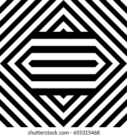 Seamless tile with black white striped diagonal lines, square and geometric shape in center. Figurative element, abstract pattern in op art. Vector background, artwork with optical illusion effect.