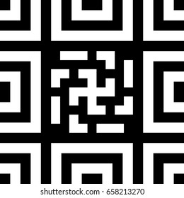 Seamless tile with black white striped lines, squares and abstract shape on center. Decorative element, geometric pattern in op art style. Vector background, artwork with optical illusion effect.