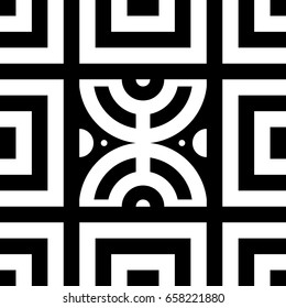 Seamless tile with black white striped lines, squares and abstract shape on center. Decorative element, geometric pattern in op art style. Vector background, texture with optical illusion effect.