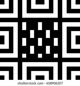 Seamless tile with black white striped lines, squares and abstract shape on center. Decorative element, geometric pattern in op art style. Vector background, artwork with optical illusion effect.