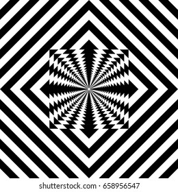 Seamless tile with black white striped diagonal lines, square, geometric shape in center. Figurative element, abstract pattern in op art style. Vector background, artwork with optical illusion effect.