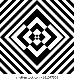 Seamless tile with black white striped diagonal lines, rhombus and abstract shape in center. Decorative element, geometric pattern in op art. Vector background, texture with optical illusion effect.