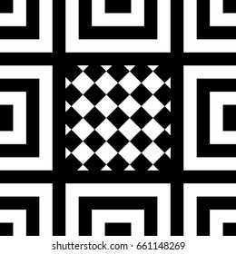 Seamless tile with black white striped lines, squares and abstract shape on center. Decorative element, geometric pattern in op art style. Vector background, artwork with optical illusion effect.