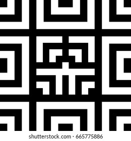 Seamless tile with black white striped lines, squares and abstract shape on center. Decorative element, geometric pattern in op art style. Vector background, artwork with optical illusion effect.