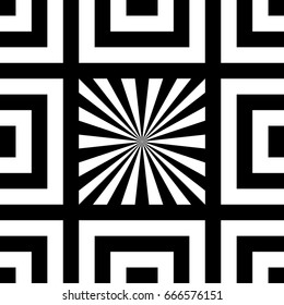 Seamless tile with black white striped lines, squares and abstract shape on center. Decorative element, geometric pattern in op art style. Vector background, texture with optical illusion effect.