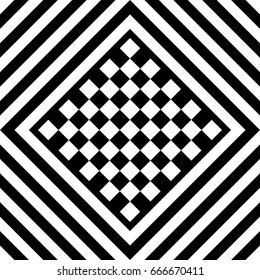 Seamless tile with black white striped diagonal lines, square and geometric shape in center. Figurative element, abstract pattern in op art. Vector background, artwork with optical illusion effect.