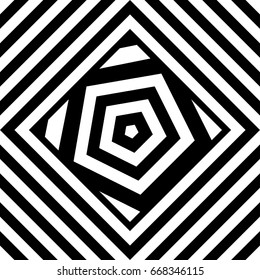 Seamless tile with black white striped diagonal lines, square and geometric shape in center. Figurative element, abstract pattern in op art. Vector background, artwork with optical illusion effect.