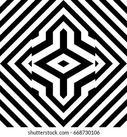Seamless tile with black white striped diagonal lines, square and geometric shape in center. Figurative element, abstract pattern in op art style. Vector background, artwork with optical illusion.