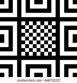 Seamless tile with black white striped lines, squares and abstract shape on center. Decorative element, geometric pattern in op art style. Vector background, texture with optical illusion effect.