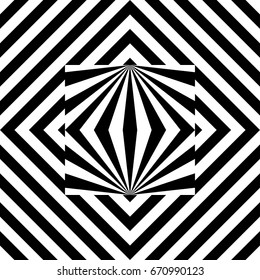Seamless tile with black white striped diagonal lines, rhombus and abstract shape in center. Decorative element, geometric pattern in op art. Vector background, texture with optical illusion effect.