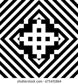 Seamless tile with black white striped diagonal lines, rhombus and abstract shape in center. Decorative element, geometric pattern in op art style. Vector background, texture with optical illusion.