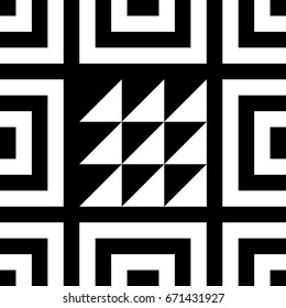 Seamless tile with black white striped lines, squares and abstract shape on center. Decorative element, geometric pattern in op art style. Vector background, texture with optical illusion effect.