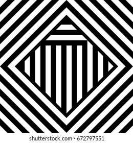 Seamless tile with black white striped diagonal lines, square and geometric shape in center. Figurative element, abstract pattern in op art style. Vector background, artwork with optical illusion.