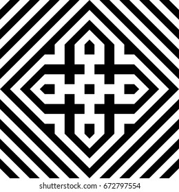 Seamless tile with black white striped diagonal lines, rhombus and abstract shape in center. Decorative element, geometric pattern in op art. Vector background, texture with optical illusion effect.