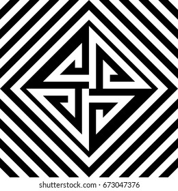 Seamless tile with black white striped diagonal lines, rhombus and abstract shape in center. Decorative element, geometric pattern in op art. Vector background, texture with optical illusion effect.
