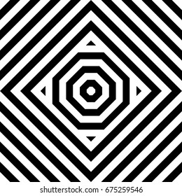 Seamless tile with black white striped diagonal lines, square and geometric shape in center. Figurative, abstract pattern in op art style. Vector background, artwork with optical illusion effect.