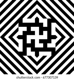 Seamless tile with black white striped diagonal lines, rhombus and abstract shape in center. Decorative element, geometric pattern in op art style. Vector background, texture with optical illusion.