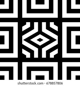Seamless tile with black white striped lines, squares and abstract shape on center. Decorative element, geometric pattern in op art style. Vector background, texture with optical illusion effect.