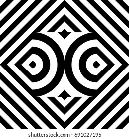 Seamless tile with black white striped diagonal lines, square and geometric shape in center. Figurative element, abstract pattern in op art style. Vector background, artwork with optical illusion.