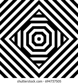 Seamless tile with black white striped diagonal lines, square and geometric shape in center. Figurative element, abstract pattern in op art. Vector background, artwork with optical illusion effect.