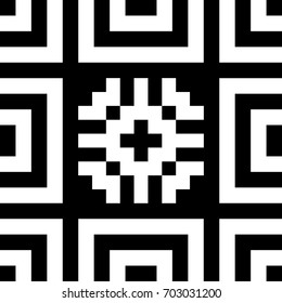 Seamless tile with black white striped lines, squares and abstract shape on center. Decorative element, geometric pattern in op art style. Vector background, artwork with optical illusion effect.